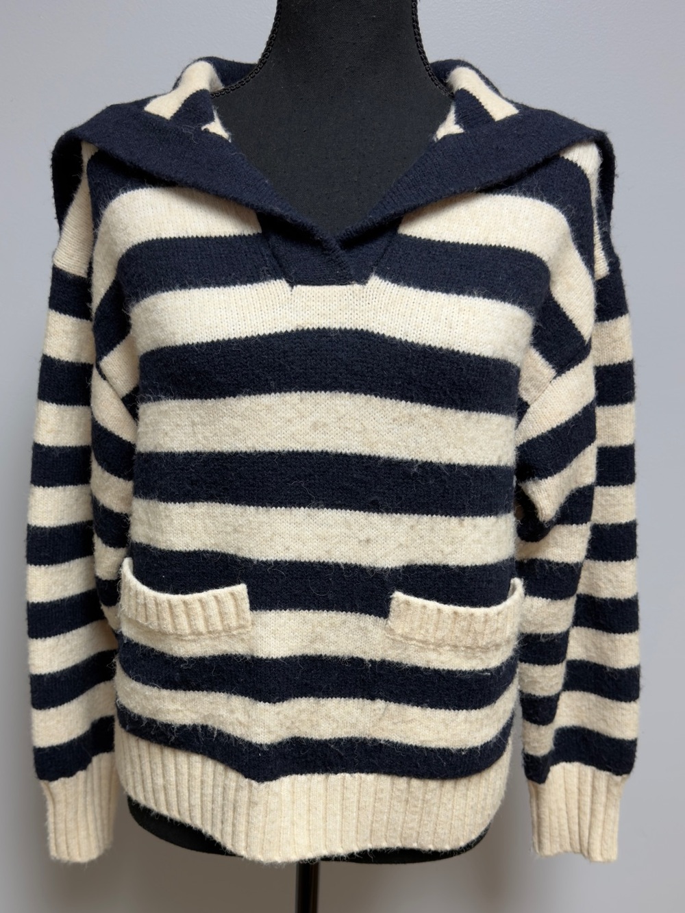 ZARA Oversized Striped Sailor Collar Knit Sweater Cream Navy Blue Pockets Sz XS
